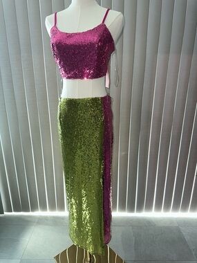 Sequin Maxi Skirt Set in Fuchsia and Green